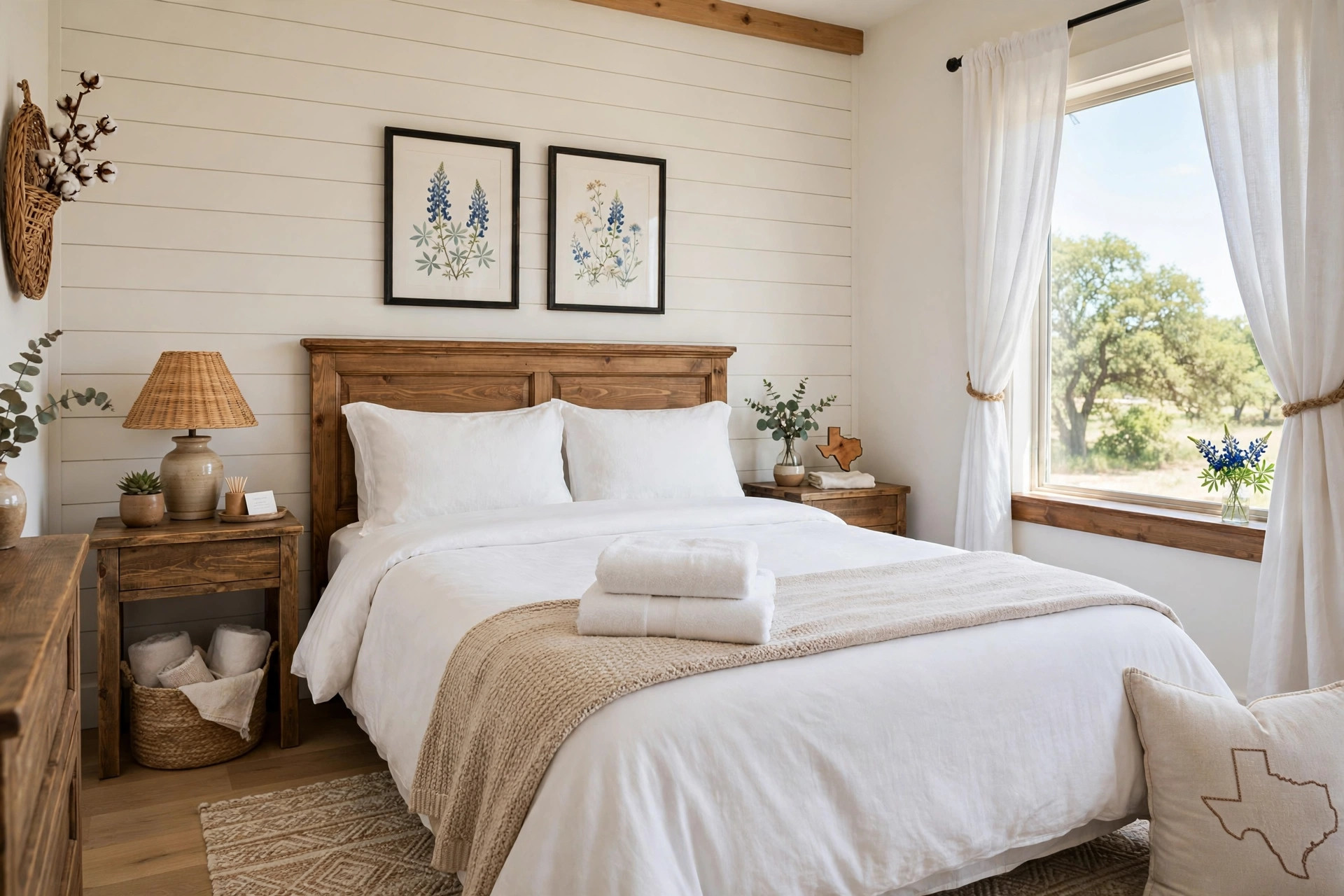 Guest-ready rental bedroom with crisp bedding after a turnover cleaning by South Sound Cleaning Co.