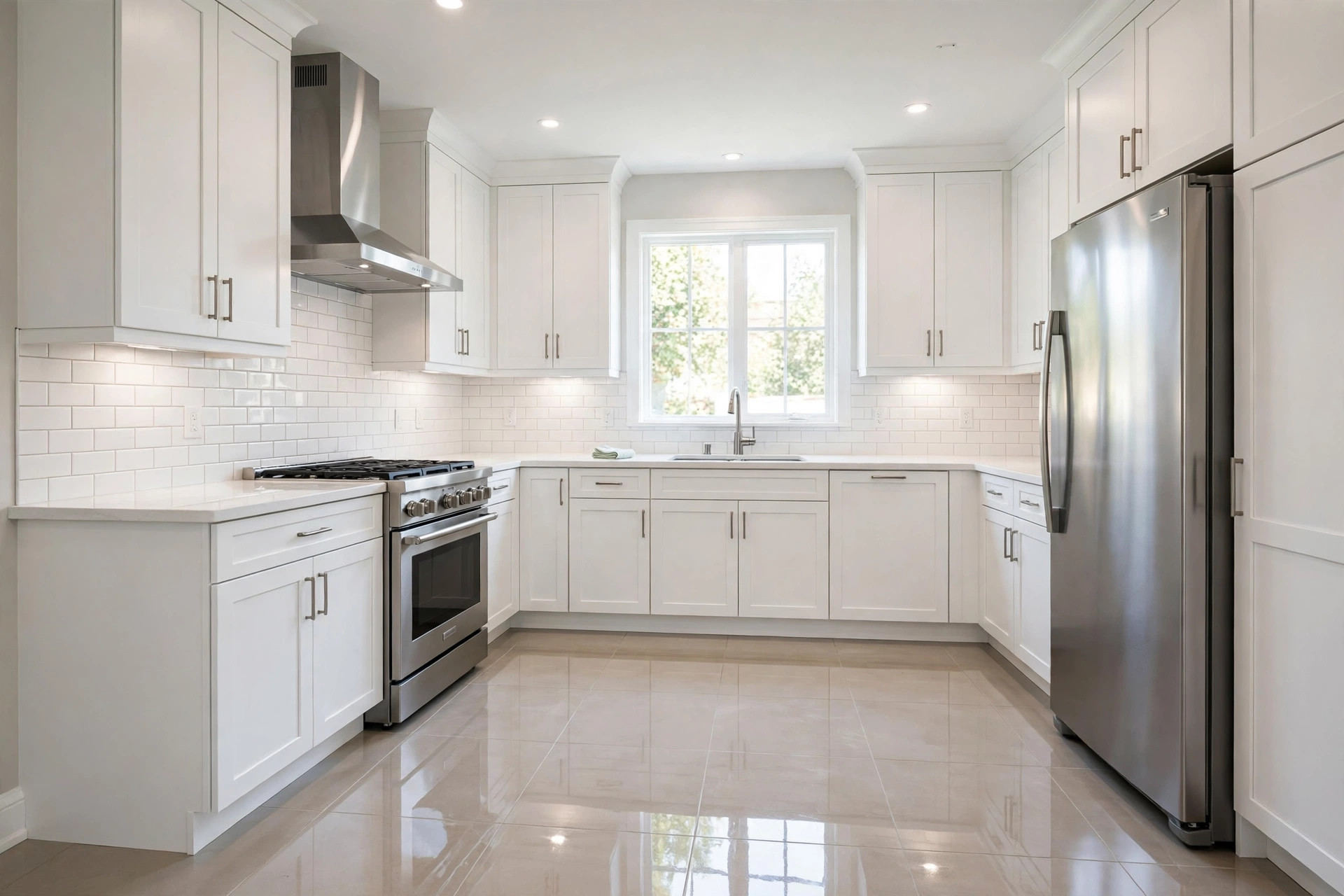 Kitchen with polished tile floors after a deep cleaning by South Sound Cleaning Co.
