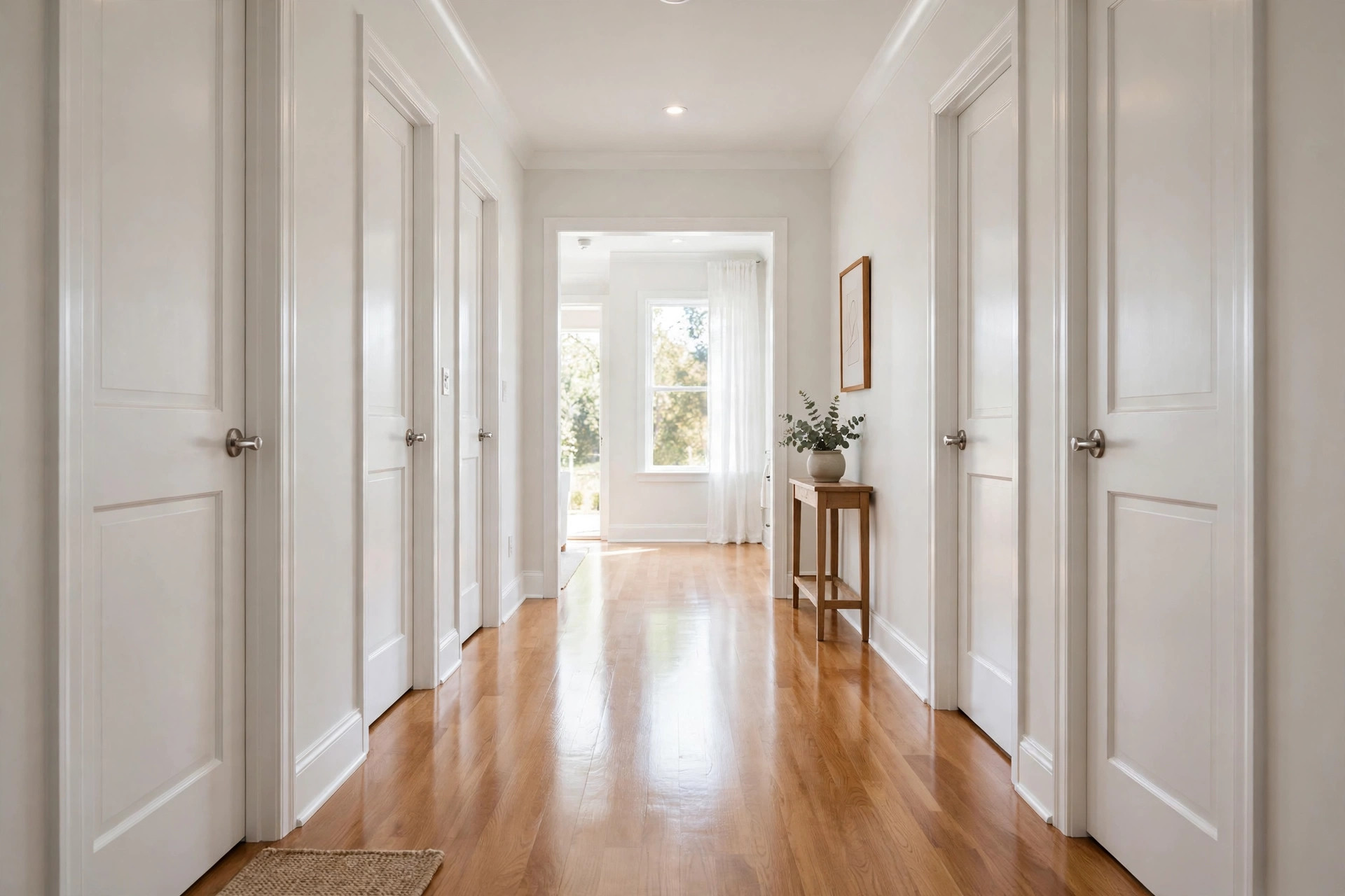 Hallway with polished hardwood floors kept up on a recurring cleaning plan by South Sound Cleaning Co.
