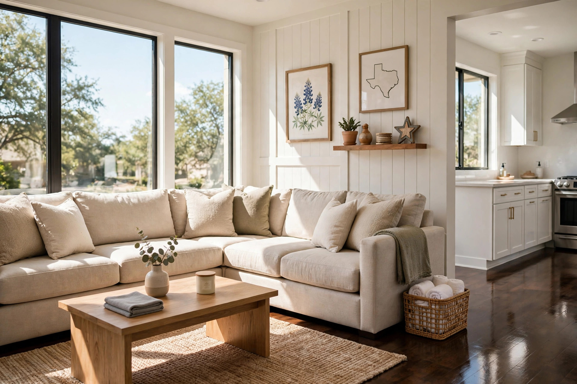 Living room with gleaming hardwood floors after a house cleaning by South Sound Cleaning Co.
