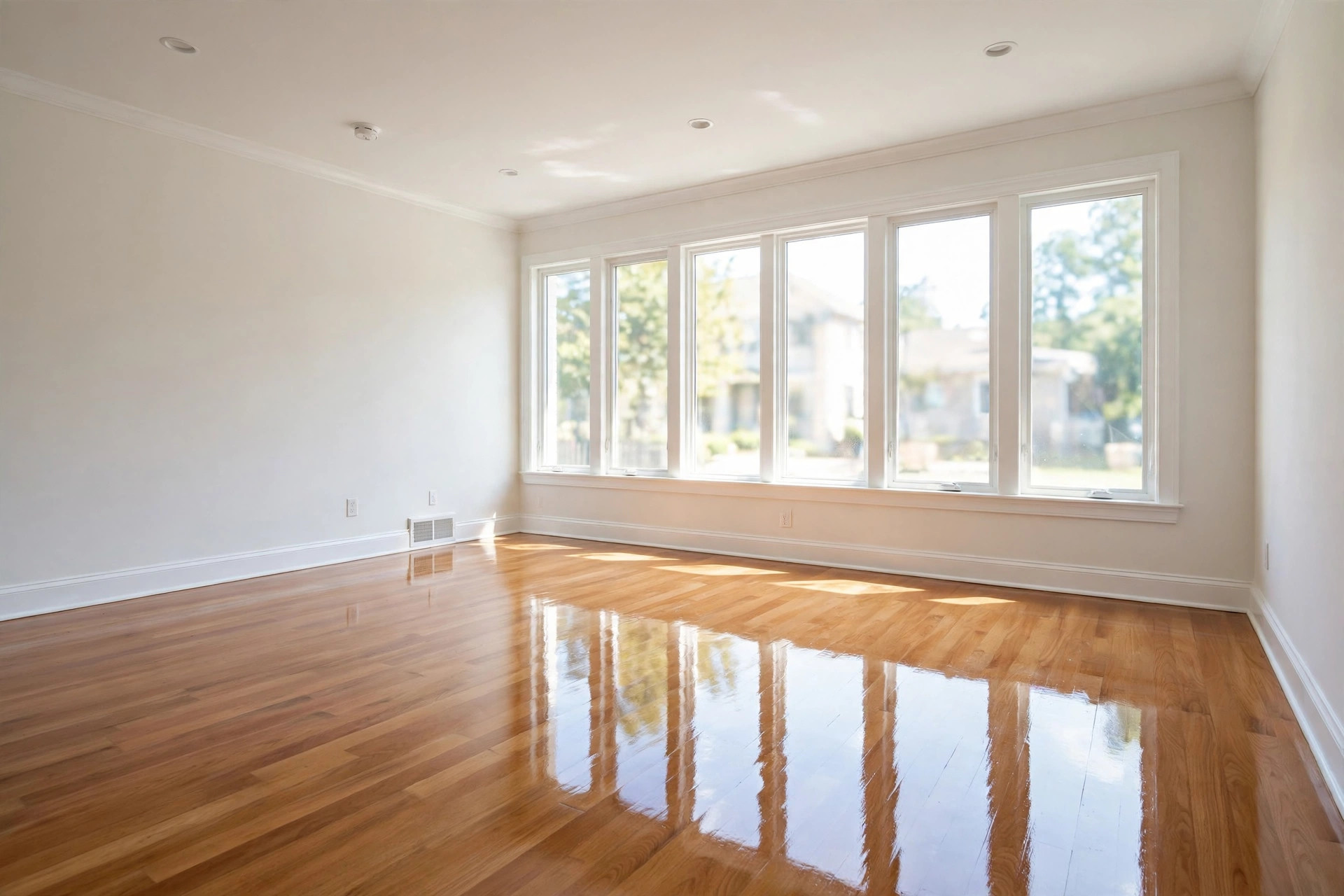 Empty room with spotless polished floors after a move-out cleaning by South Sound Cleaning Co.